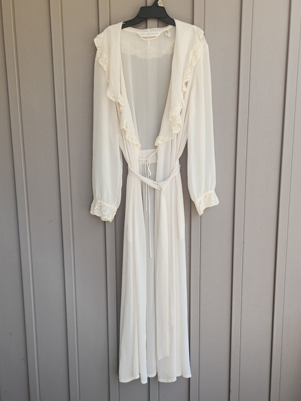 VINTAGE VICTORIAS SECRET Ivory Chiffon Peignoir Sheer Lace ROBE M/L